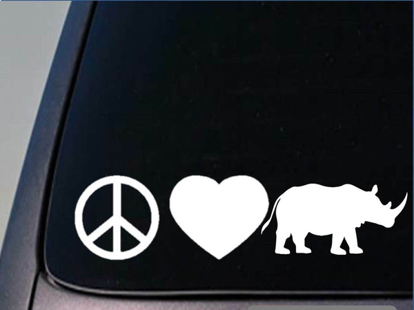 Peace Love Rhino sticker *H60* 8" vinyl decal Rhinoceros africa safari zoo