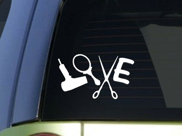 Love Hair stylist *H934* 8 inch Sticker decal dryer scissors salon sign window