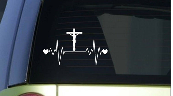 Cross heartbeat lifeline *I200* 8" wide Sticker decal christian jesus